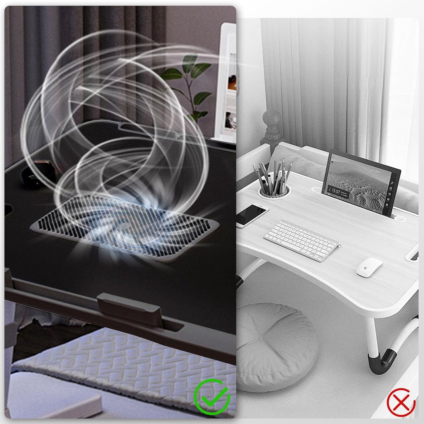 Laptop Lap Desk Include Cooling Fan,Adjustable Lap Desk with Light Fan,Folding Laptop Desk for Bed with USB,Bed Desk with Storage Drawer 56 * 32cm,Black