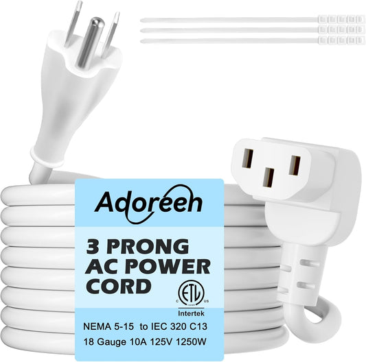 Adoreen 6 Ft Computer TV Replacement Power Cord White, 90 Degree Angled L-Shaped 18AWG 3-Prong AC Universal Power Supply Cable NEMA 5-15P to IEC 320 C13 for Printer, PC, Monitor TV LCD, ETL+Ties