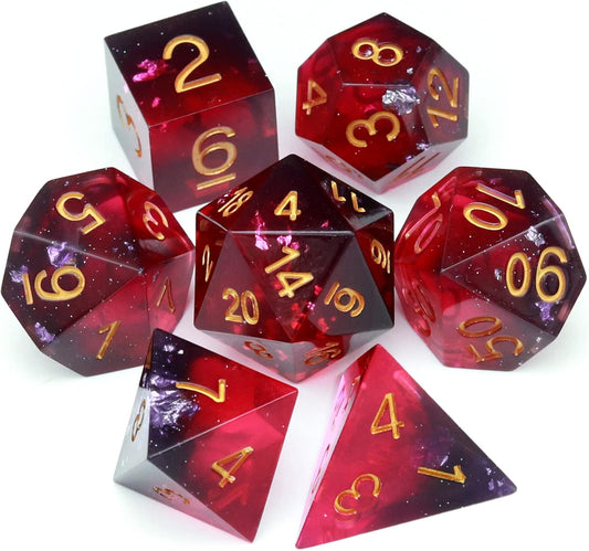 Haxtec Sharp Edge DND Dice Set Purple Red Resin Dice Silver Flakes D&D Dice for RPG Role Playing Games Compatible with Dungeons and Dragons Gift War Series