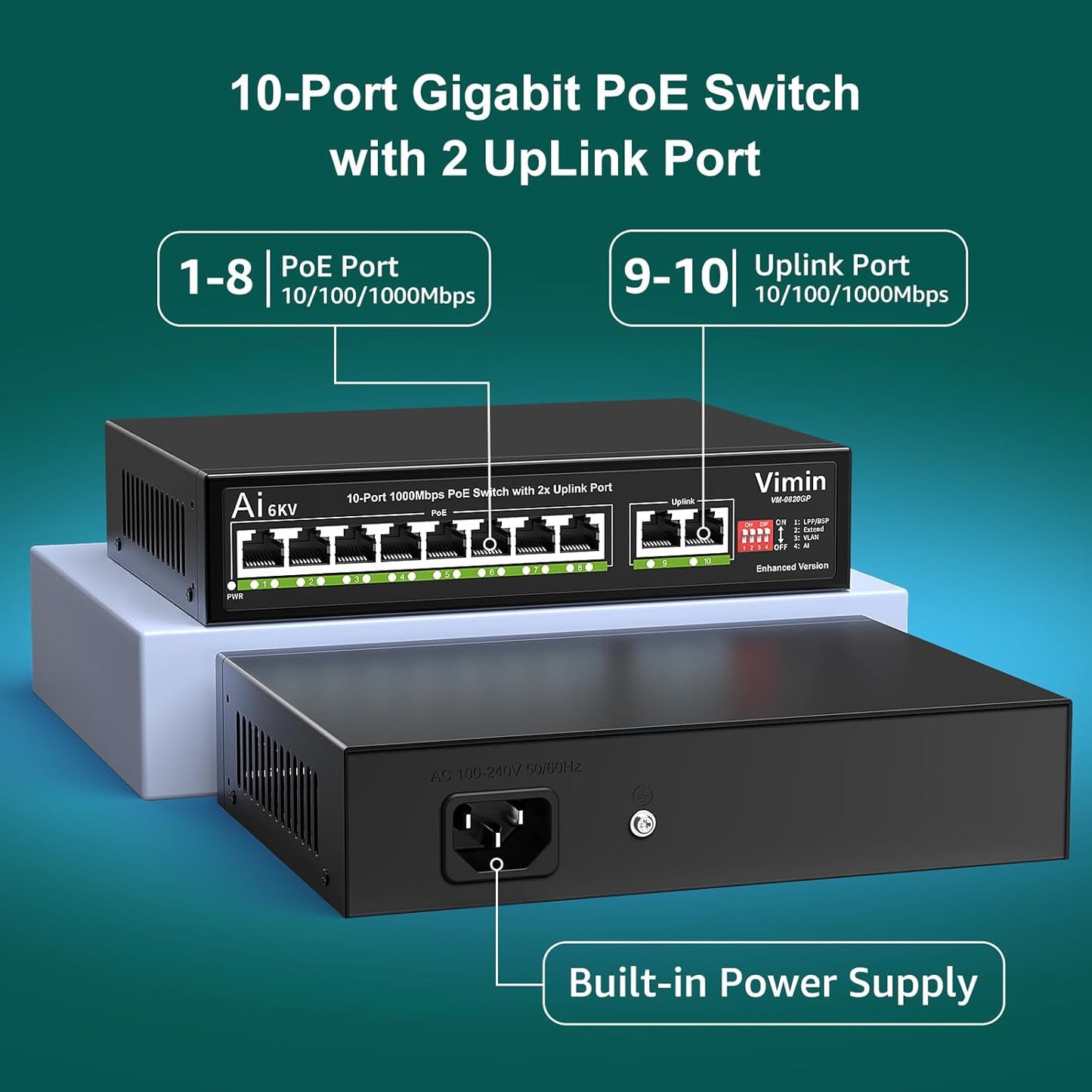 10-Port Gigabit PoE Switch with 8 Port PoE, VIMIN 8-Port Unmanaged 10/100/1000Mbps Network PoE Switch with 2 Uplink Ports, AI Watchdog, VLAN, Extend 250m, Support IEEE802.3af/at