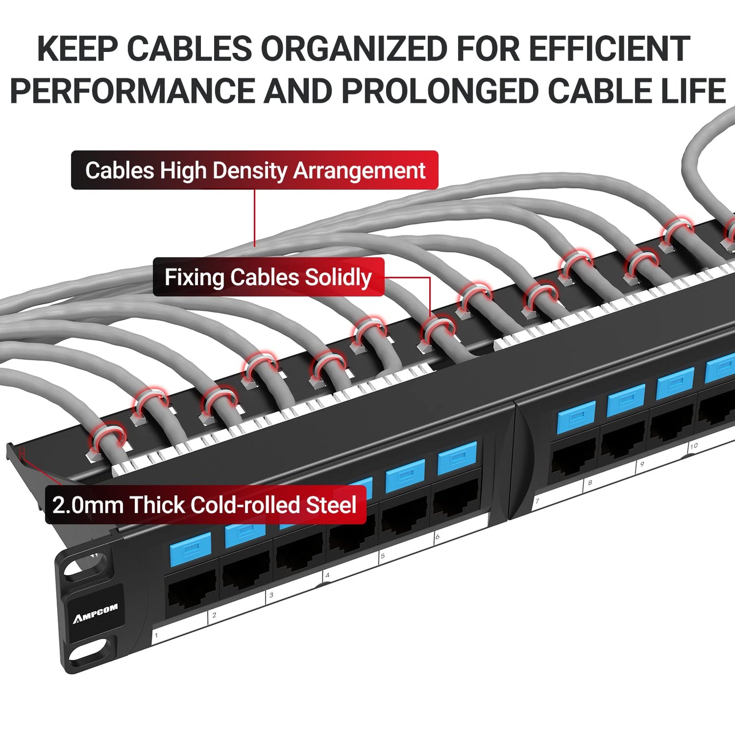 AMPCOM CAT6 24 Ports Patch Panel, Rack Mount - 1U, 19 inch，RJ45 Ethernet 568A 568B, Gold Plated, with Rear Cable Management Bar