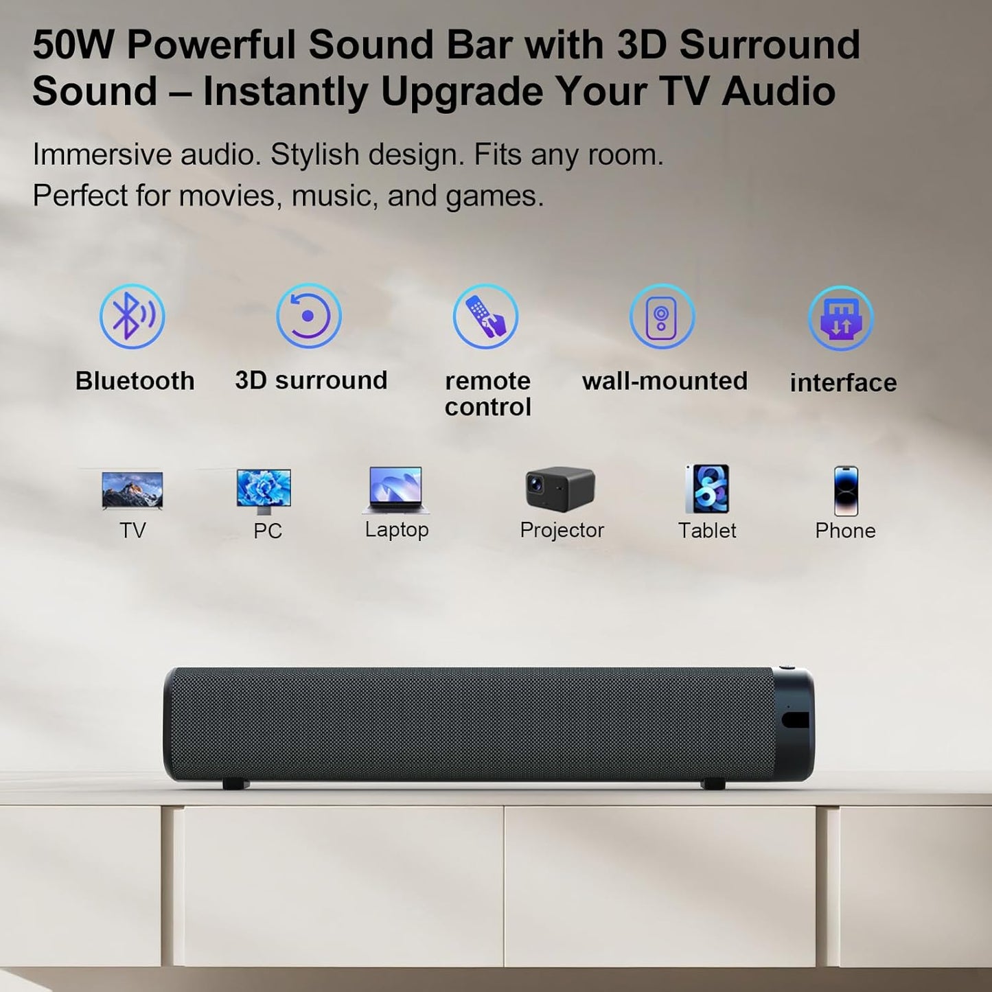Sound Bar for Smart TV , Surround Sound System for TV – 50W Bluetooth Soundbar with Bluetooth, ARC, Optical, and AUX Connectivity, Remote Control, Wall-Mountable, Compatible with TV, PC, and Phone