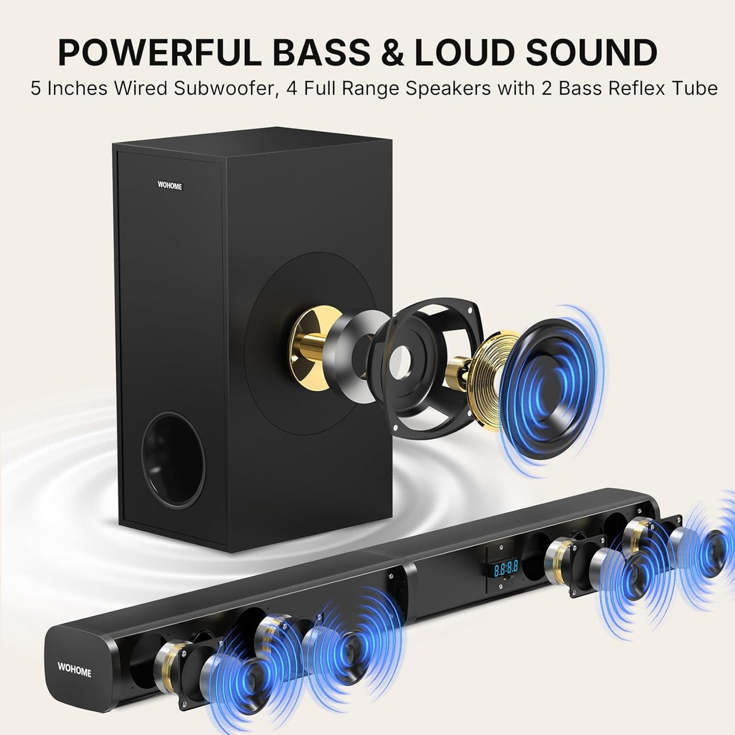 Wohome 2 in 1 Detachable Sound bar with Subwoofers, 4.1 Channel Bluetooth Sound Bar for Smart TV, Home Theater Surround Sound System, Optical, AUX, USB Input, Bass Adjust, Remote/Button Control