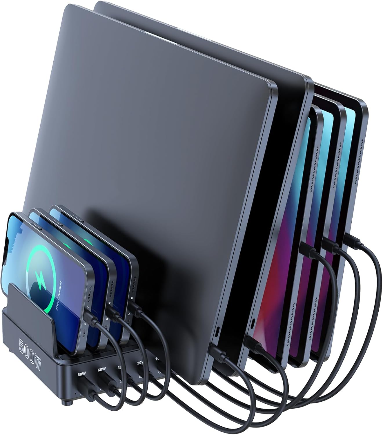 chipofy 500W Charging Station for Multiple Devices, 10-Port Multi USB C Fast Charger Station with Organizer Stand for MacBook Laptop, iPad, iPhone 16 15 Pro Max, Galaxy S25/S24 and More