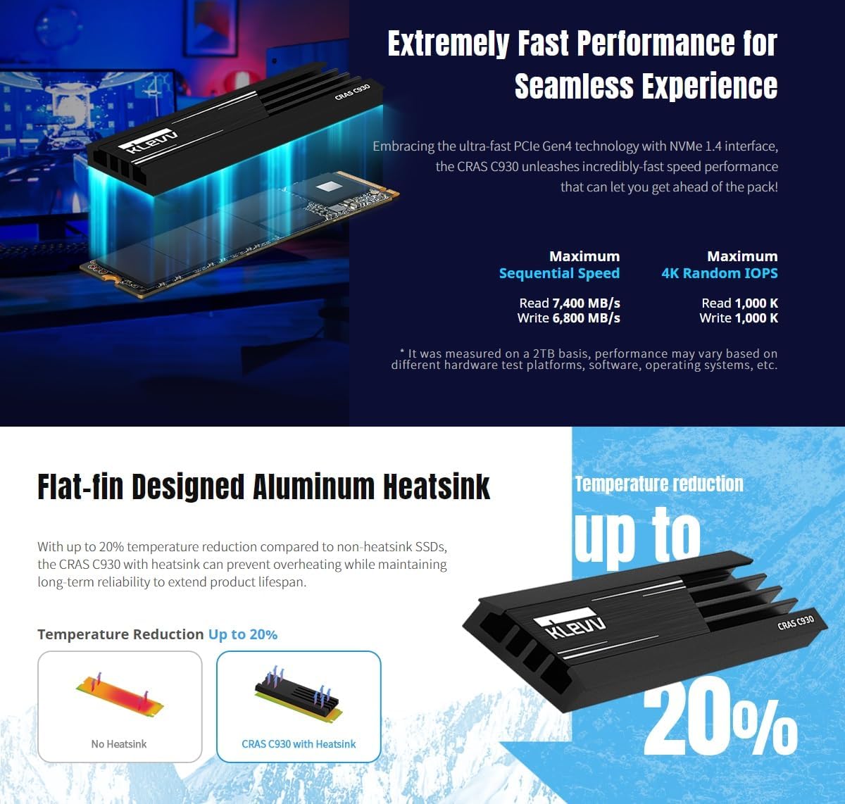 KLEVV CRAS C930 2TB M.2 2280 NVMe PCIe Gen4x4 Internal Gaming SSD Aluminium Heatsink Included, Compatible with PS5, up to 7400MB/s with DRAM Cash (K02TBM2SP0-C93)