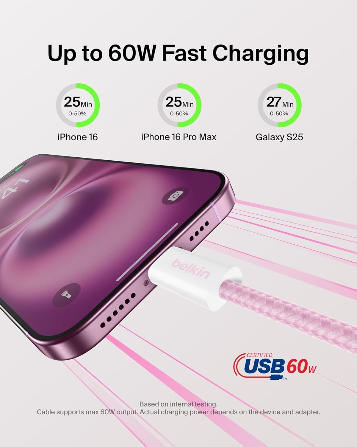 Belkin USB C to USB C Cable, 6.6ft, 60W - Type C Charger, iPhone Charger Cord, Soft, Braided, Flexible for iPhone 16, Galaxy S25, Pixel 9, Airpods, iPad Pro, Tablet & More, Travel Essentials - Pink