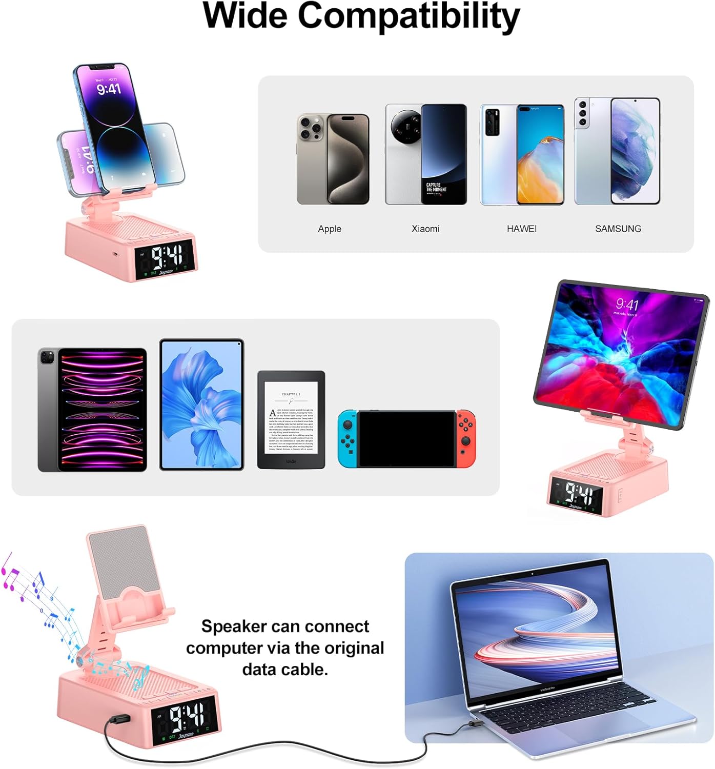 Gifts for Women Girls, Phone Stand with Bluetooth Speaker 360° Rotable Angel Adjustable Cell Phone Holder for Desk with HD Subwoofer Sound Fits All Phones,Tablets (Pink)