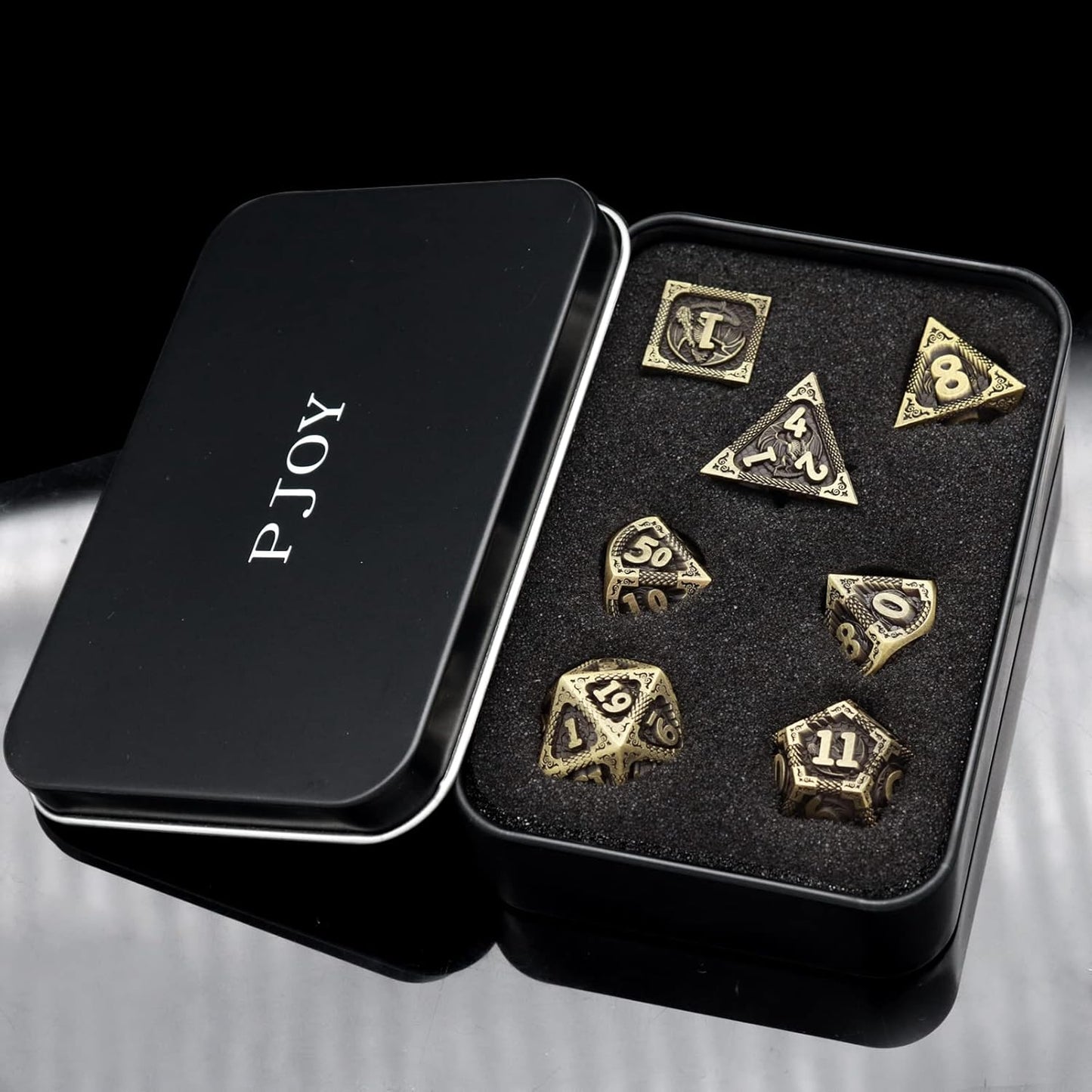 PJOY D&D Dice Set Dragon Metal DND Dice Set Antique Bronze with Case for RPG Role Playing Games Compatible with Dungeons and Dragons Gift TTRPG