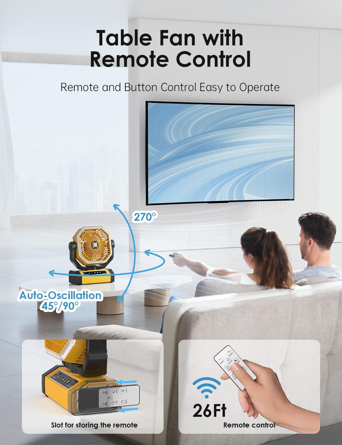 Battery Powered Fan - 9-Inch Rechargeable Fan Portable, 10000mAh(30Hrs) Camping Fan for Tent, Auto Oscillation Cordless Fan, Tent Fan for Camping with Remote/light, 4 Speeds, 4 Timing, Outdoor