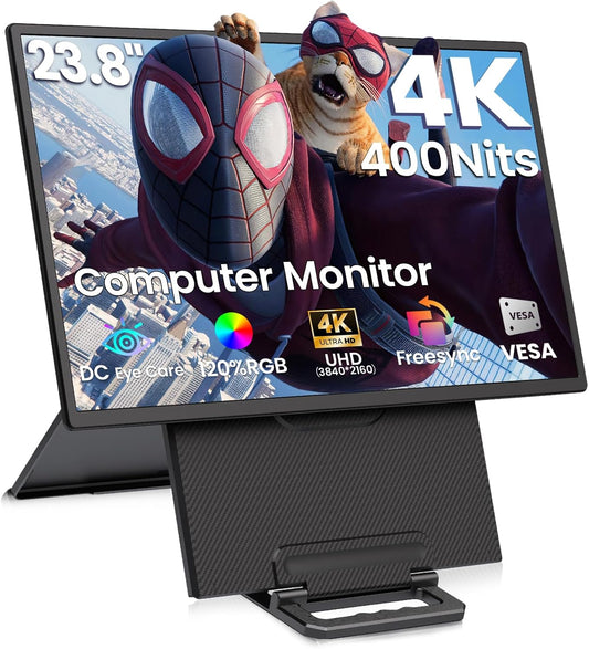 23.8” 4K Portable Monitor, UHD (3840*2160) 120% SRGB IPS FreeSync Gaming Moniter USB-C HDMI Large Work Home Office Second Monitor VESA Mountable, Adjustable Tilt & Height for Laptop, MacBook, PS4,Xbox