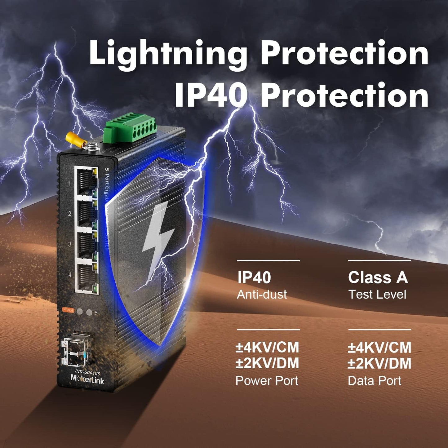 MokerLink 5 Port Industrial DIN-Rail Network Switch, 4 Gigabit Ethernet, 1 SFP, 14Gbps Switching Capacity, IP40 Rated (-40 to 185F), With UL Power Supply