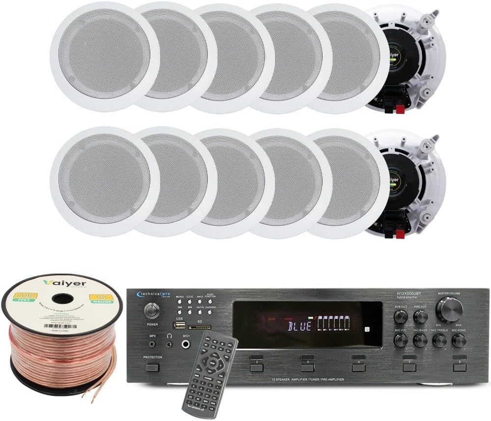 Vaiyer Home Audio System Kit, 6-Channel 6000 Watts Bluetooth Amplifier with 6.5" 12 Qty of 200 W Each in-Wall in-Ceiling Speakers & 16 AWG 500 ft. Speaker Wire - Perfect for Home, Office, Restaurants