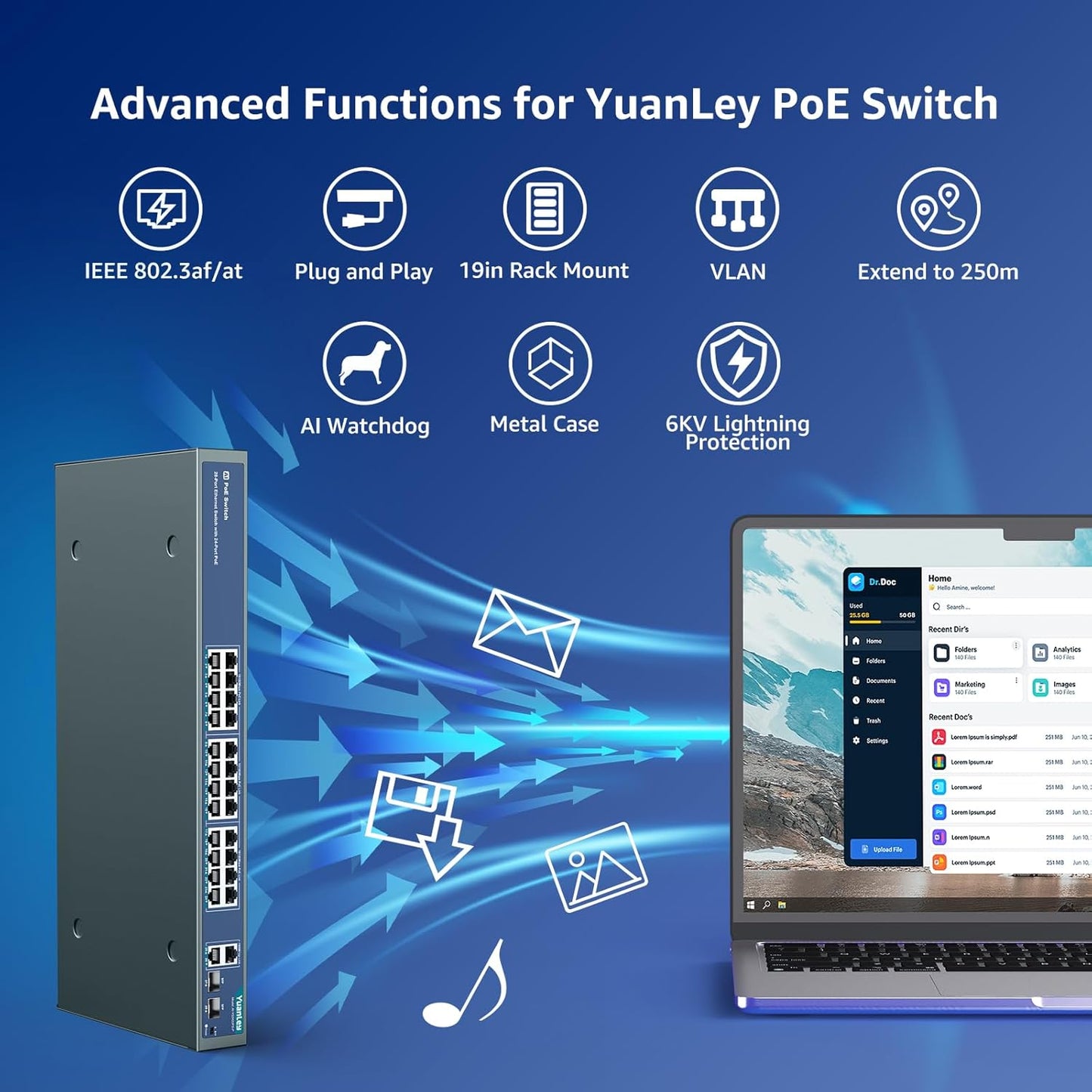 YuanLey 24 Port PoE Switch with 2 Gigabit Ethernet Uplink, 2 SFP Port, 400W PoE+ Port Support 802.3af/at, Unmanaged Network Switch with AI Watchdog, VLAN, Extend to 250m, Rackmount Plug and Play