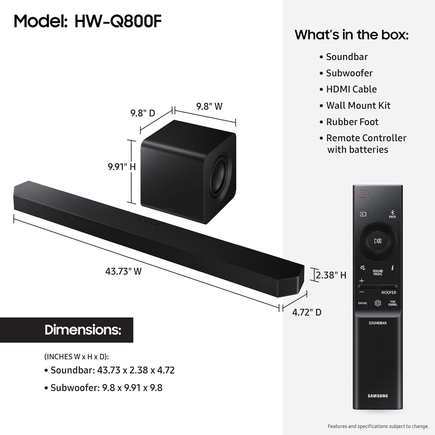 Samsung Q800F 5.1.2ch Q Series Soundbar + Subwoofer, Wireless Dolby Atmos, Q-Symphony, Game Mode Pro, Smart Integration (HW-Q800F, 2025)