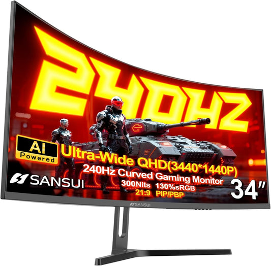SANSUI 34 Inch 3440x1440P 240Hz Ultrawide UWQHD Gaming Monitor,21:9 2K Curved Monitor 1500R,Fast VA, PIP/PBP,AI Crosshair,AIPQ(Visual Enhance),MPRT 1ms,HDR,HDMI2.1 * 2,DP1.4 * 2(DP Cable Included)