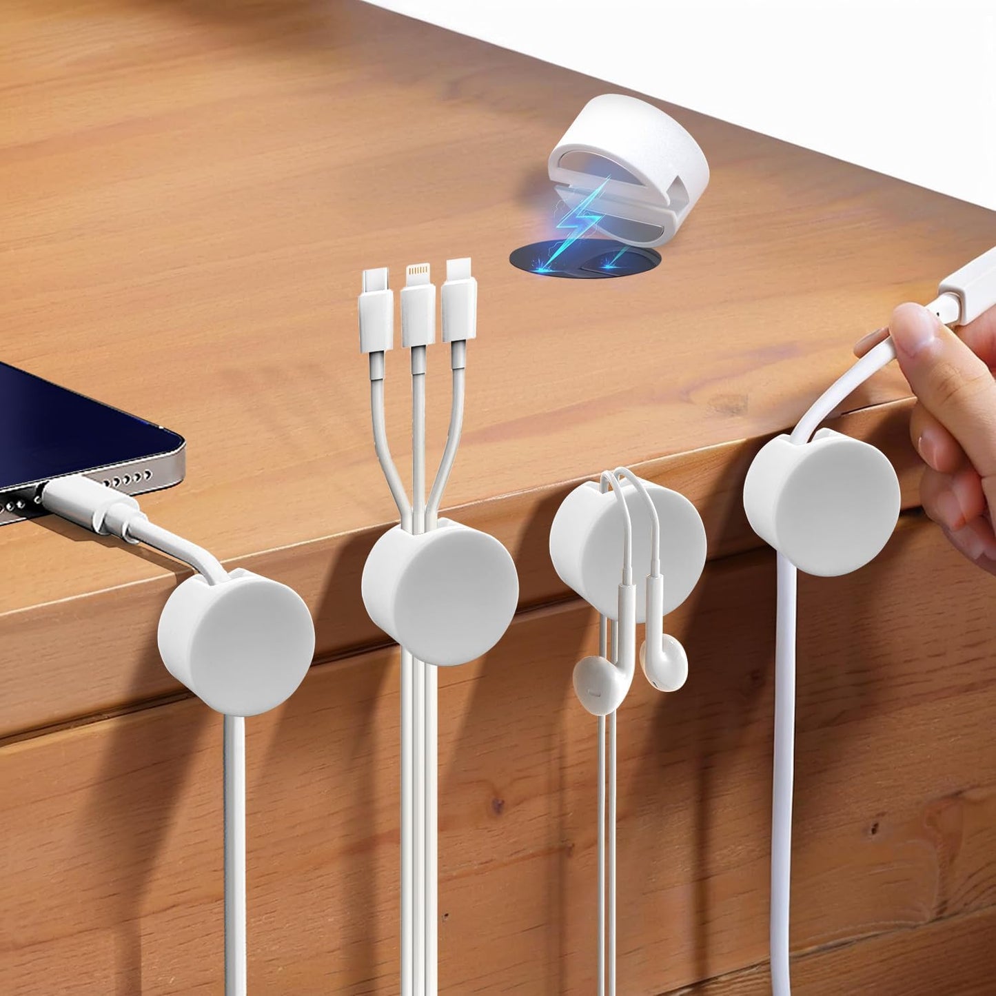 Maveek Magnetic Cable Clips White, Cord Organizer Magnet Silicone Cord Management Charging Cable Holder for Metal Desk, File Cabinet, Home and Office, with Extra Adhesive Plates (5 Piece, Large Size)