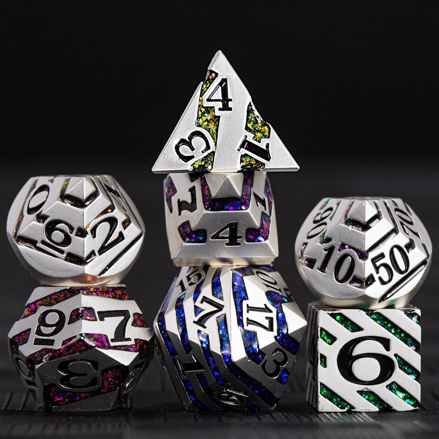 Metallic Stripes Dice with Gift Case, D&D Metal Polyhedral Dice Sets for Tabletop Games (Pearl Silver Seven Colors)