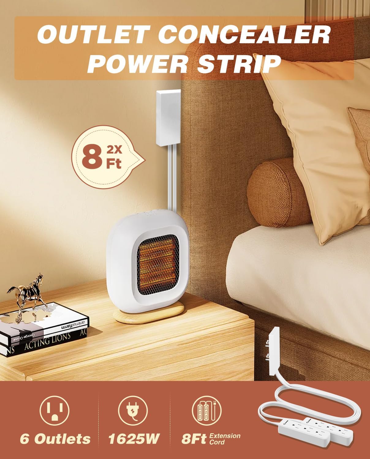 Saker Outlet Cover Extension Cord | 8ft Flat Extension Cord with 3 Outlets,1625W | Universal Size Outlet Concealer | Outlet Cover Baby Proofing for Kitchen, Home and Office(Dual 8ft)