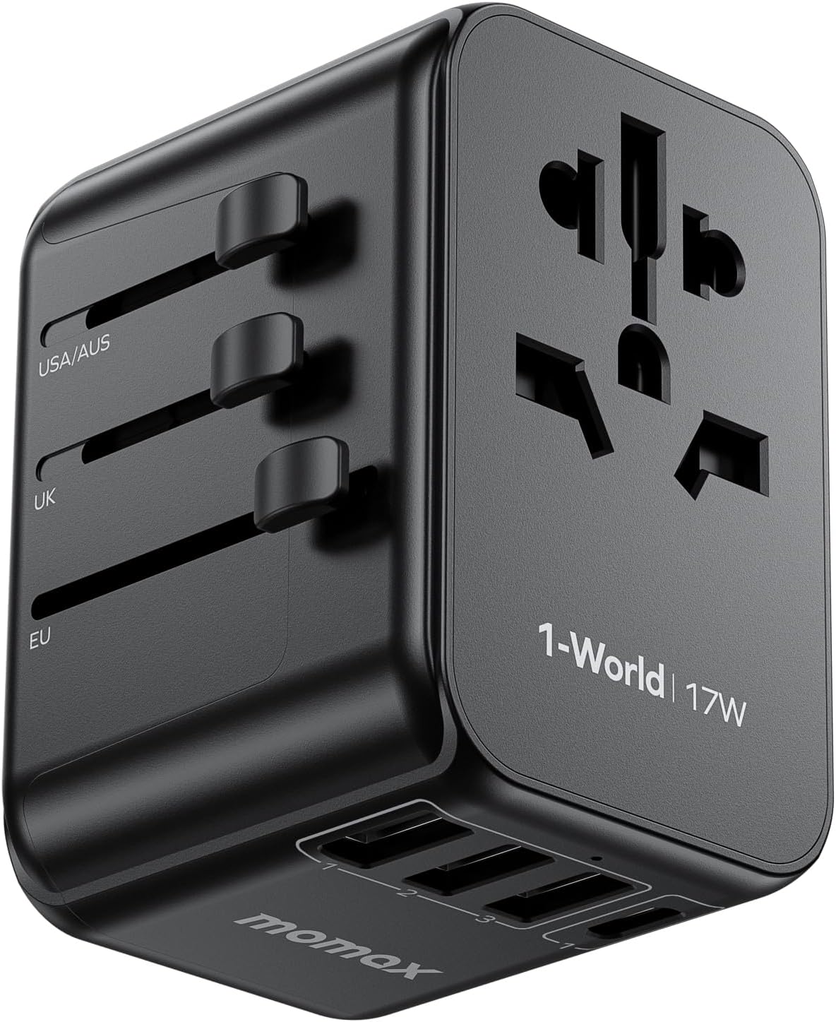 MOMAX European Travel Plug Adapter, Worldwide All in One Travel Adapter, International Power Adapter Wall Charger with 3 USB A and 1USB C Charging Ports for Travel Essentials (Type C/G/A/I)