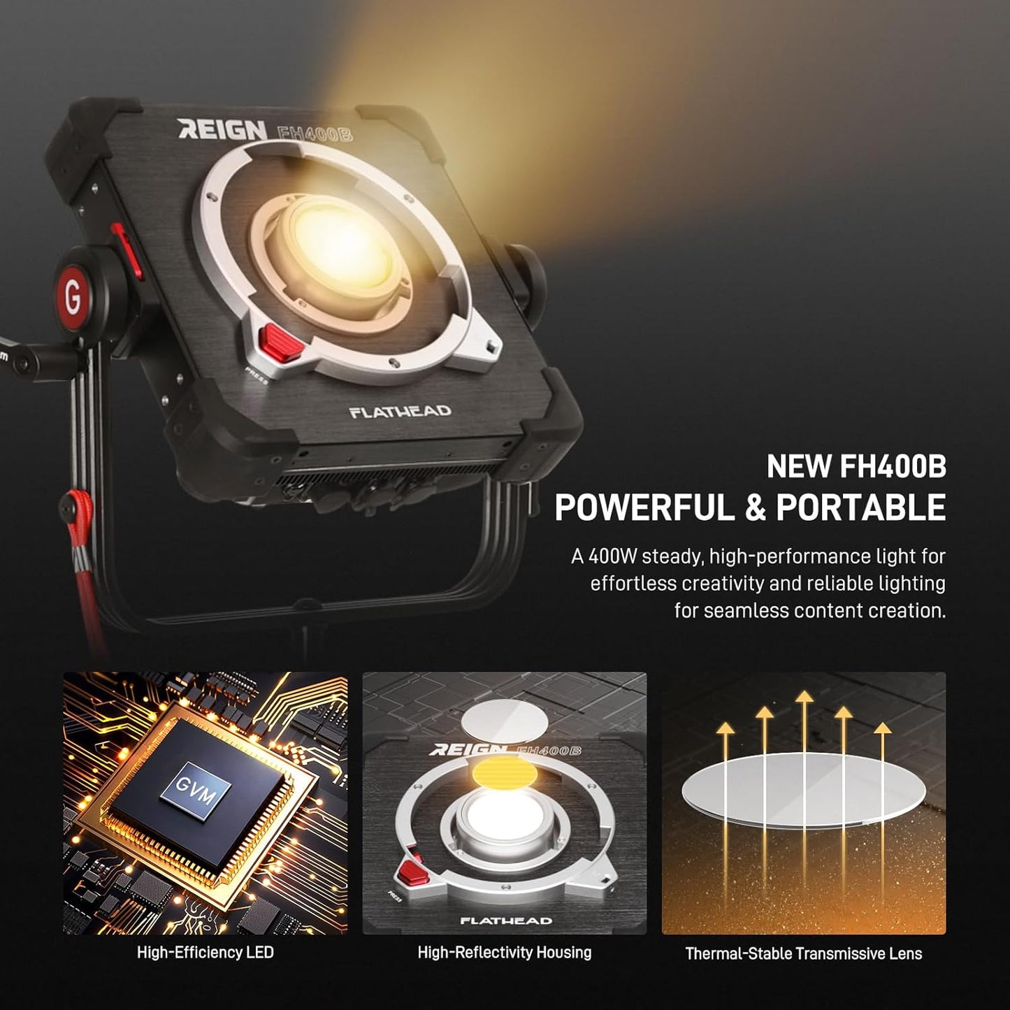 GVM 400W Bi-Color Video Light with 2700–6800K Range Delivers up to 68700lux/1m Studio Lights Photography Lighting Flathead Design Supports Stackable 4-6 Light arrays for scalable high-Output Systems