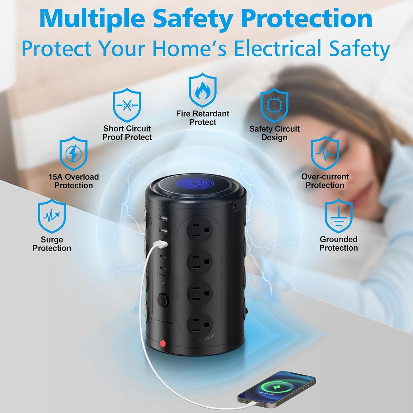 Power Strip Tower Surge Protector with 16 Outlets and 5 USB Ports (2 USB-C), 20FT Extension Cord with Multiple Outlets,Heavy Duty Charging Station,Home Office Dorm Room Essentials.No Wireless Charging