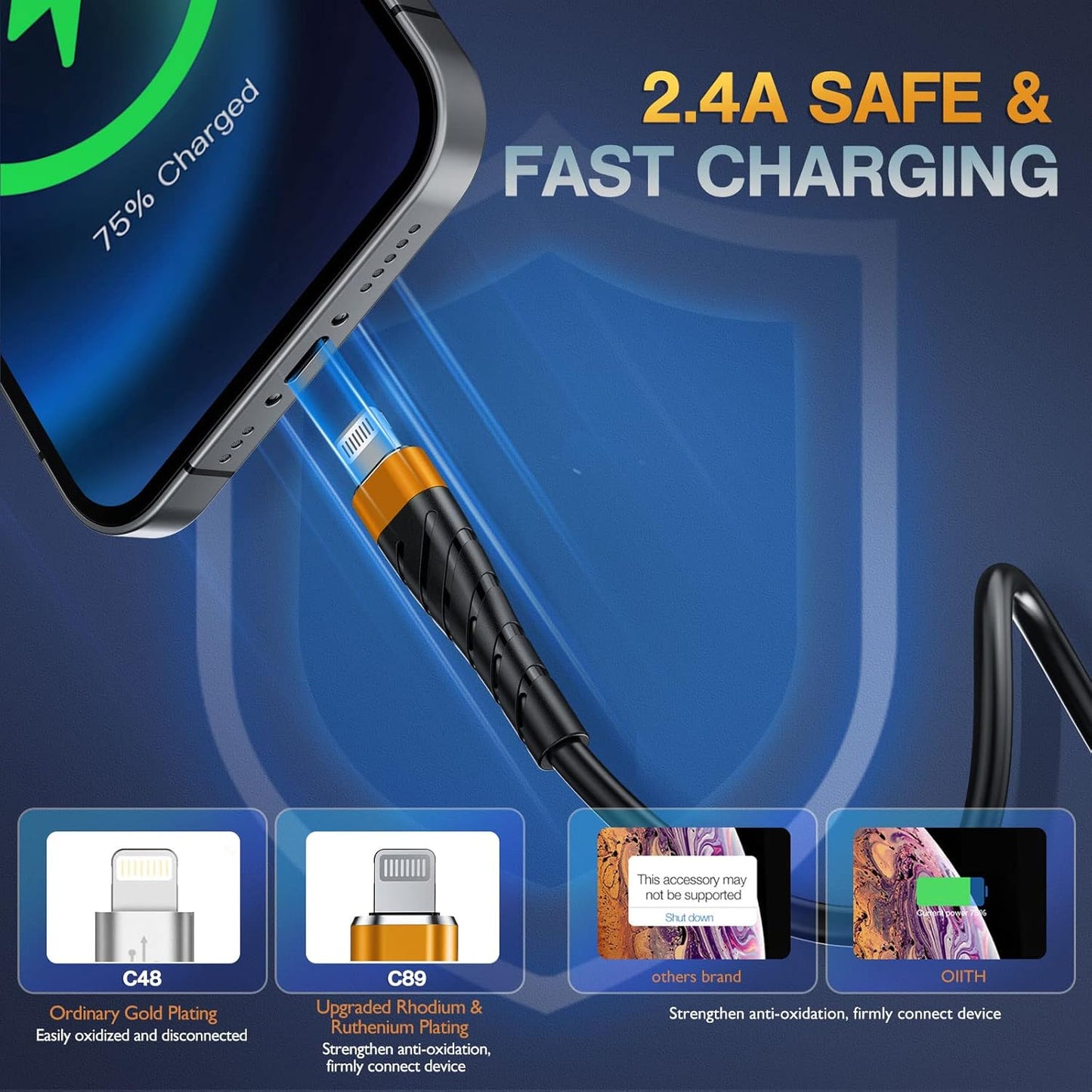 OIITH MFi Certified for iPhone Charger Cable 3 Pack 10 Ft, Extra Long for Lightning Charging Cord, Fast 2.4A for iPhone USB Cord Compatible with iPhone12/11/XS/Max/XR/X/8/8P/7P/6/iPad - Orange