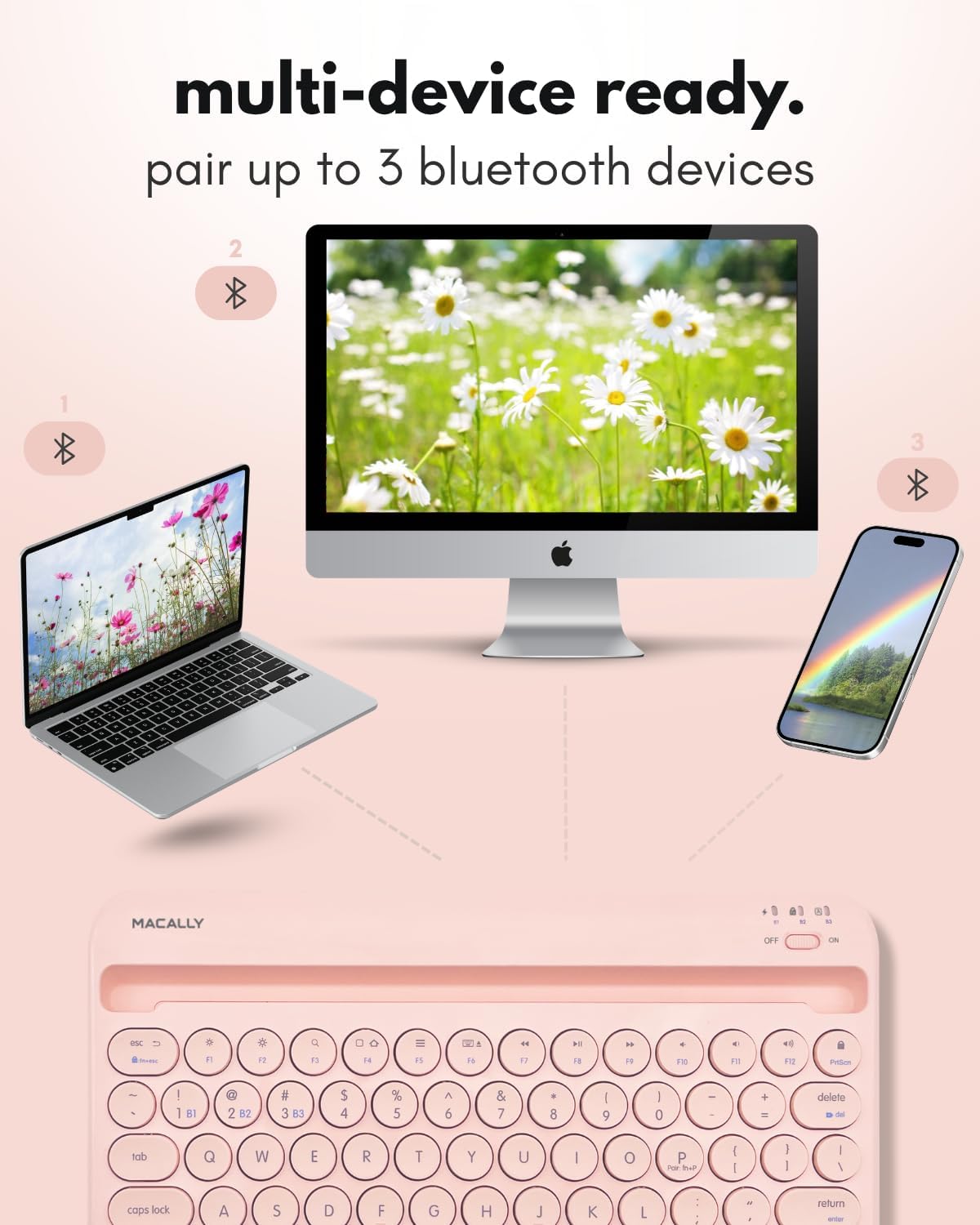 Macally Bluetooth Keyboard for Tablet | Wireless Keyboard for iPad mini/Air/Mini, iPhone (Multi-Device, Built-in Stand, Rechargeable) Easy to Use and Cute Portable
