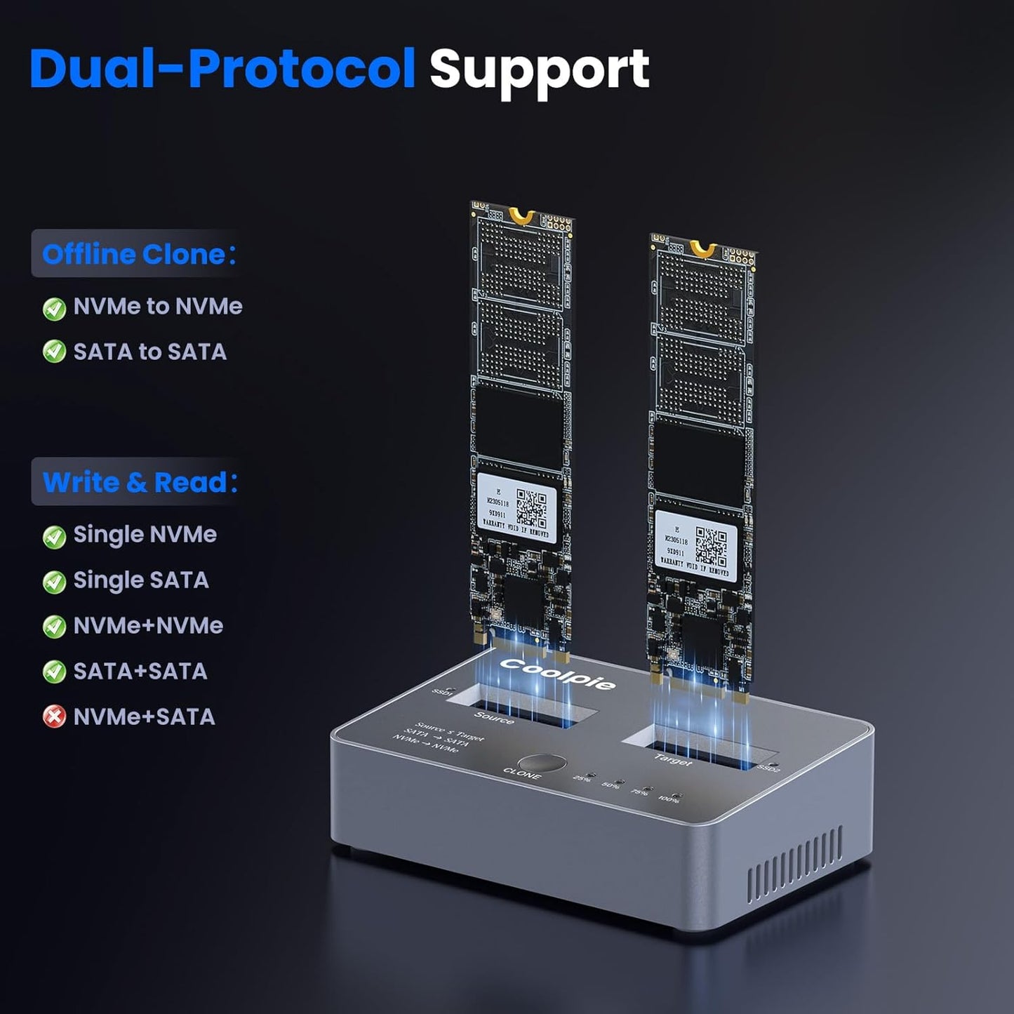 M.2 NVME/SATA Duplicator, Coolpie CR121 Dual-Bay Offline Clone M.2 NVME/SATA Docking Station, USB3.2 Gen2*2 20Gbps M.2 Cloner for SSD Size 2230/2242/2260/2280/22110