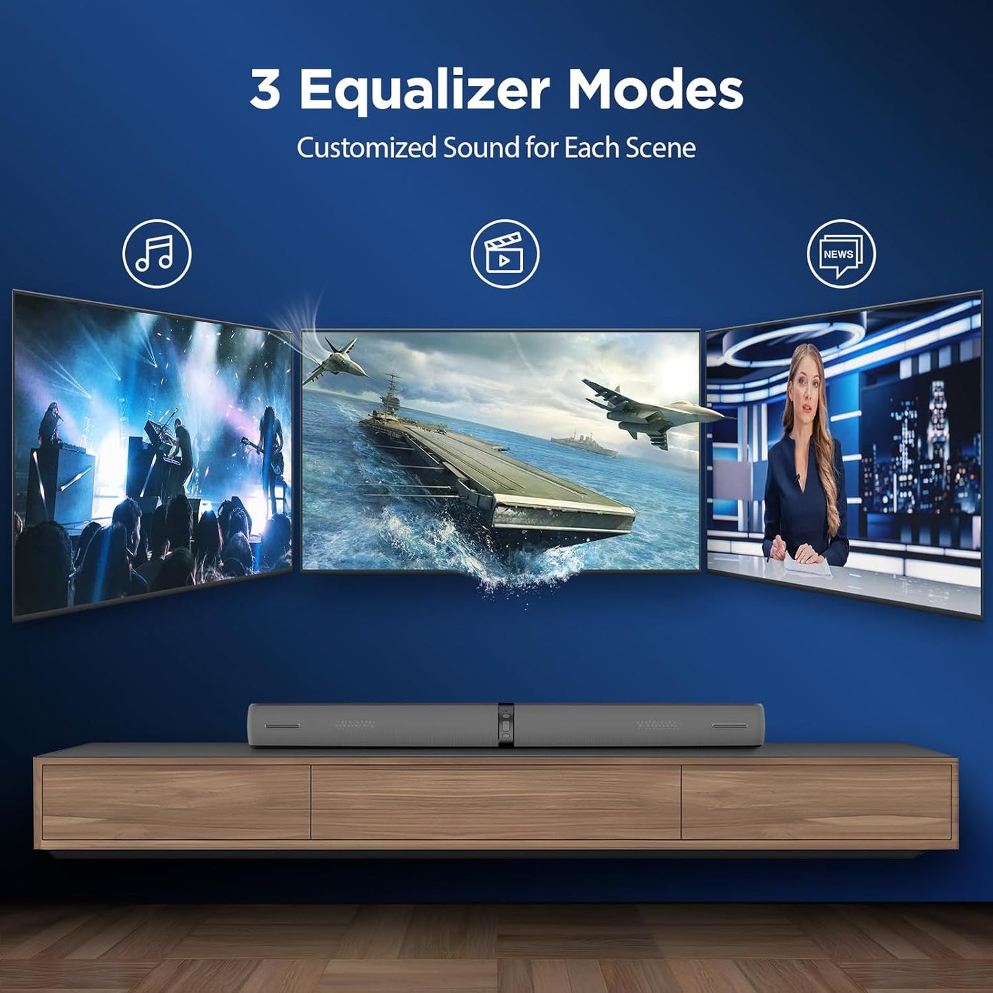 Sound Bar for Smart TV,90W Soundbar with Bluetooth/ARC/Optical/AUX Connect, Auto Volume Boost, 3 Customizable Equalizer Modes, 2 in 1 Detachable Soundbar for TV/PC/Gaming/Projectors