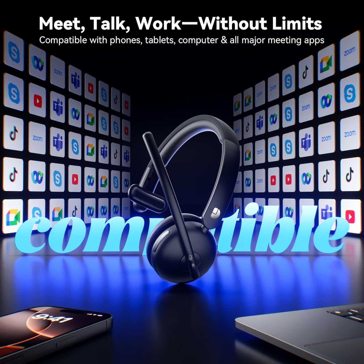 Wireless Headset with Mic for Work, Wireless Headset with Microphone (Noise Cancelling), Smart Mult-Func Dock, 65H Worktime&Fast Charge Bluetooth Headphones for Work/PC/Computer/Call Center/Teams/Zoom