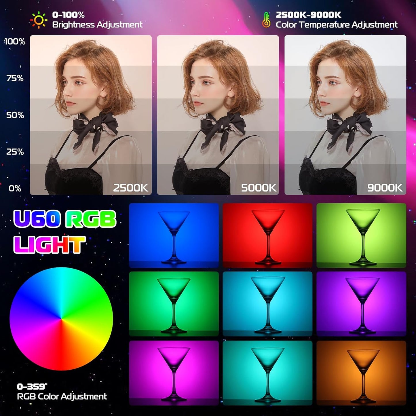 ULANZI U60 RGB Video Lights Black LED Camera Light 360° Full Color Portable Photography Lighting w Quick Release Cold Shoe Adapter and Clip, 2500mAh Rechargeable CRI 95+ 2500-9000K Dimmable Panel Lamp