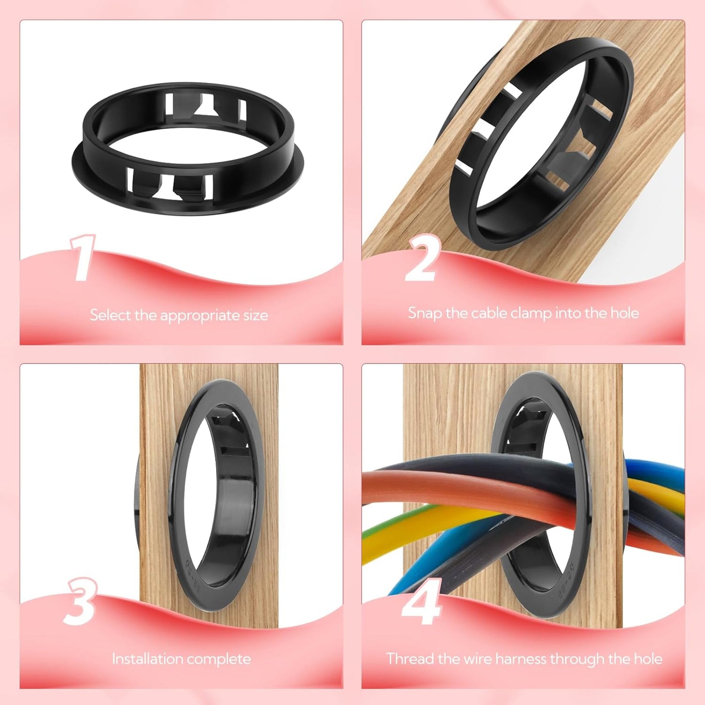 50PCS 1" Black Cable Snap Bushing Grommet, Snap in Cord Bushing Protect Cables