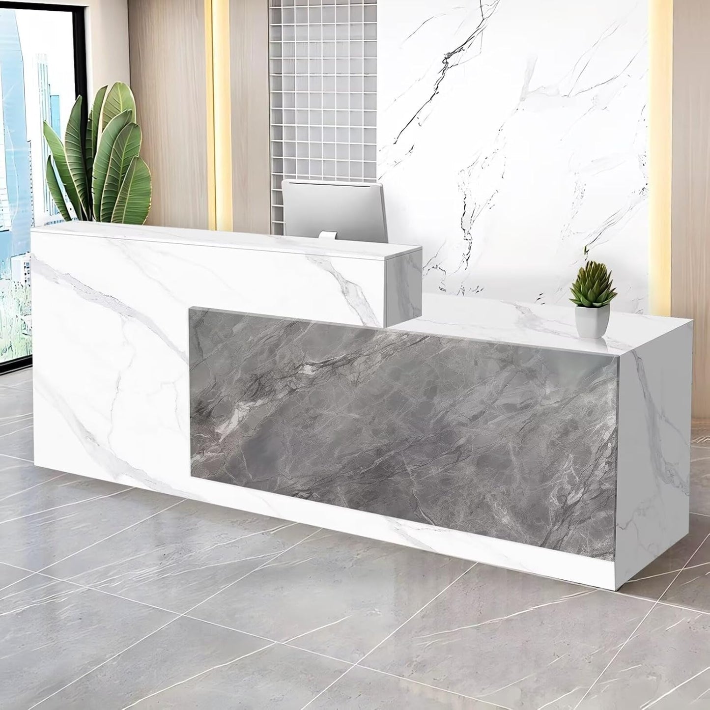 Reception Desk with Counter Modern Checkout Counter with Lockable Drawer Keyboard Tray Receptionist Desk for Office Salon Reception Table F Right 71inch/180cm