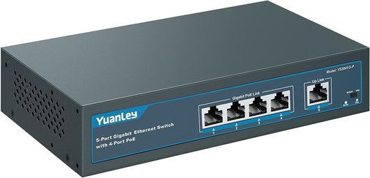 YuanLey 5 Port Gigabit PoE Switch with 4 Port PoE+ 1000Mbps, 802.3af/at 78W Built-in Power, Fanless Metal Unmanaged Plug & Play