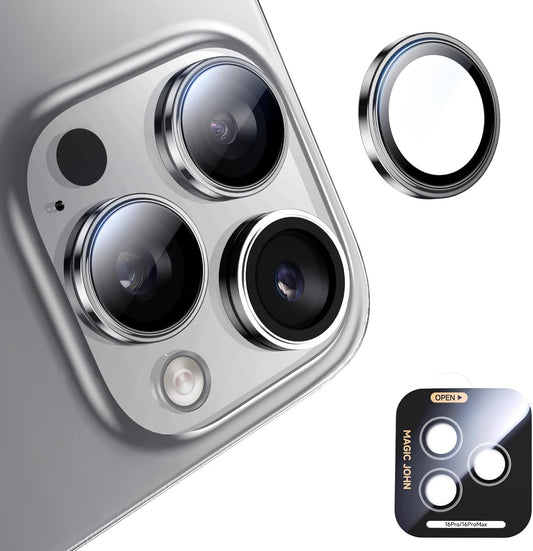 MAGIC JOHN for iPhone 16 Pro Max/16 Pro Camera Lens Protector [Alignment Kit&1:1 Invisible Perfect Fit] 9H Aerospace Tempered Glass Anti-Scratch Durable, Individual Cover Ring, Case Friendly, Set of 2, Silver
