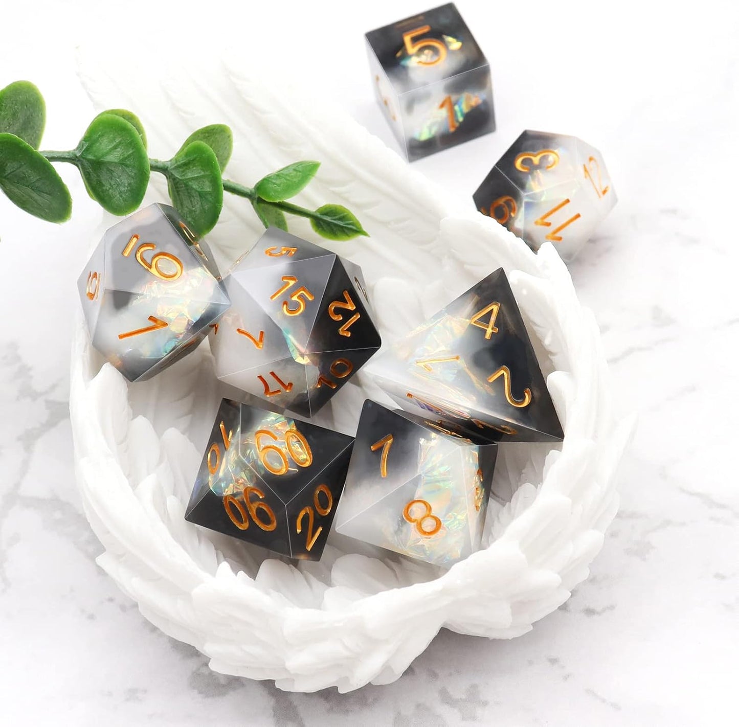 Haxtec Sharp Edge Dice Set DND Dice Black and White Resin Dice Iridecent Mylar Galaxy D&D Dice for RPG Role Playing Compatible with Dungeons and Dragons Gift