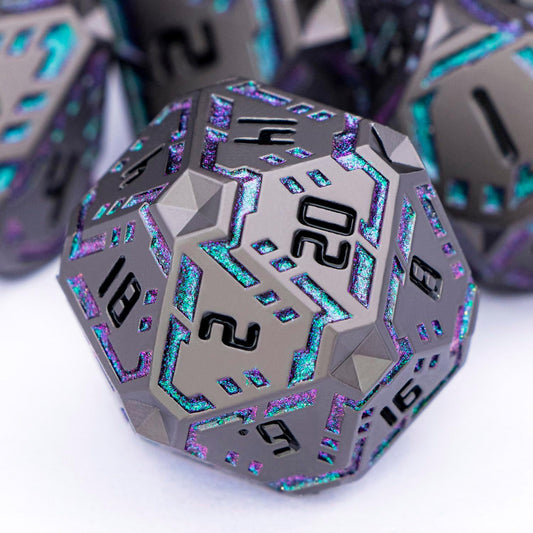 Metal DND Sci-fi Dice Set 7PCS Stripe Polyhedral Dice for Dungeons Dragons RPG Role Playing Game, Glitter D and D Dice with Gift Box D6 D8 D10 D12 D20 (Black&Green Purple)