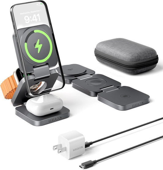 Qi2 Certified 3 in 1 Travel Charger MagSafe Compatible, Upgraded Foldable Wireless Charger Stand, Mag-Safe 3 in 1 Charging Station,15W Fast Charging for iPhone 17/16/15/14/13/12, Apple Watch, AirPods