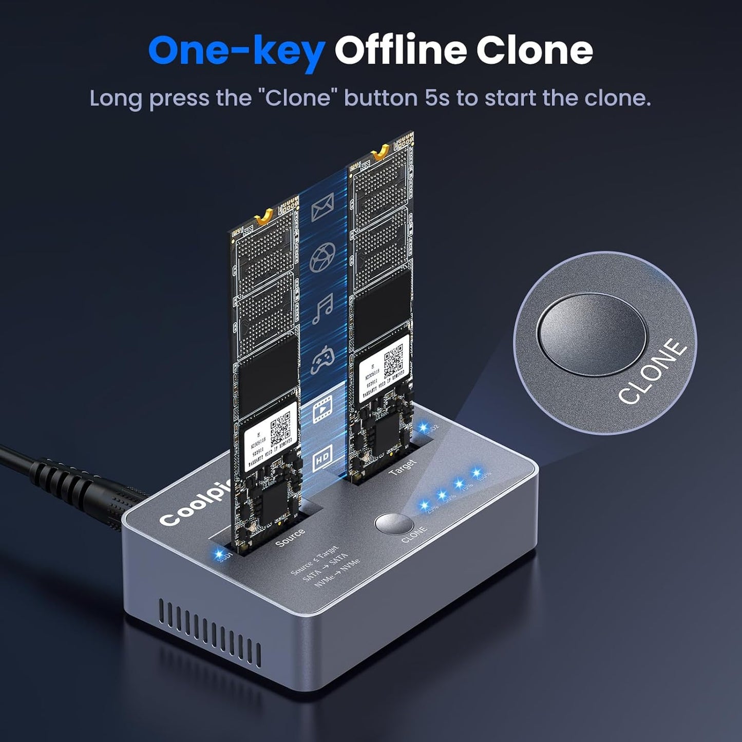M.2 NVME/SATA Duplicator, Coolpie CR121 Dual-Bay Offline Clone M.2 NVME/SATA Docking Station, USB3.2 Gen2*2 20Gbps M.2 Cloner for SSD Size 2230/2242/2260/2280/22110