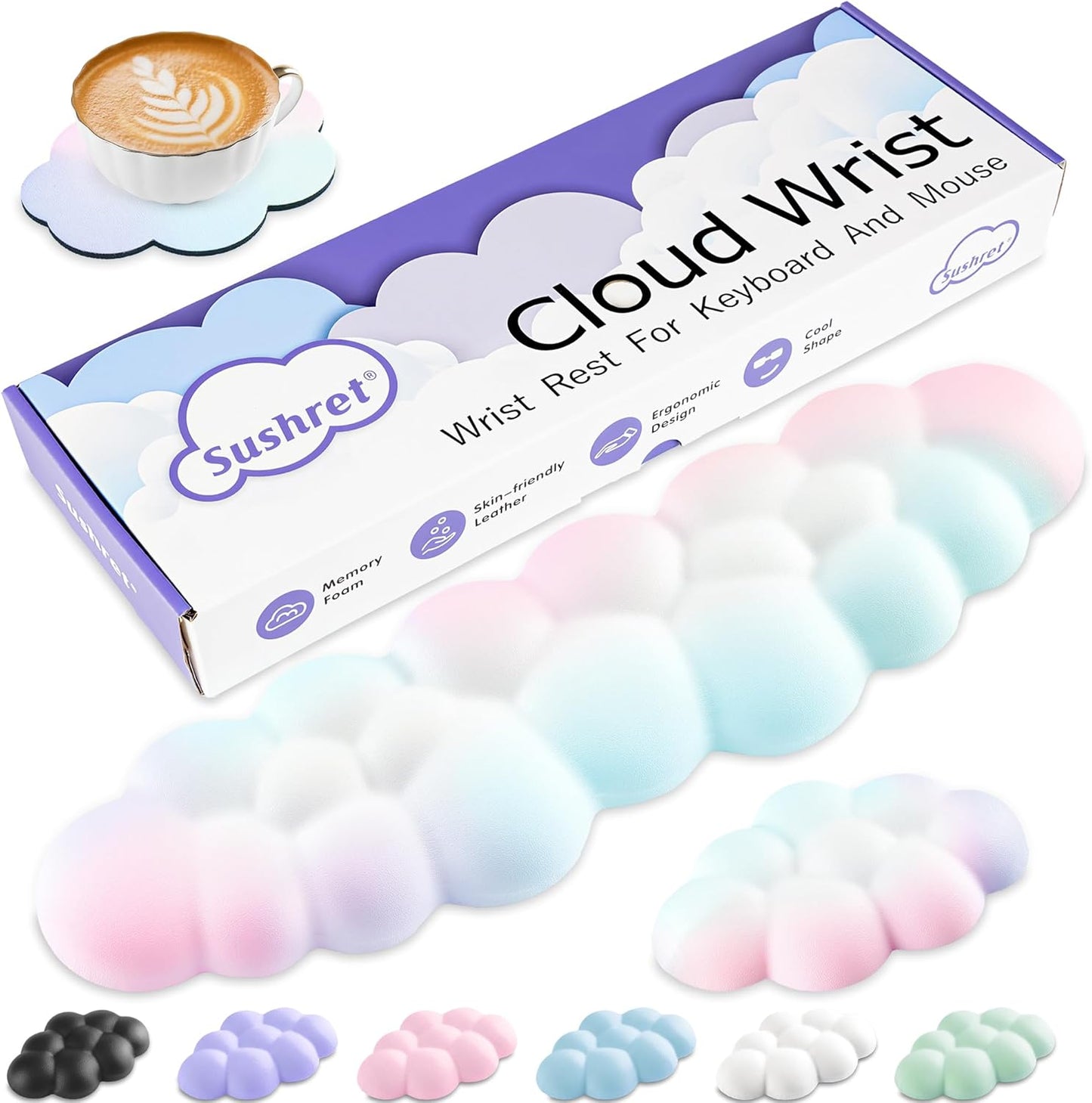 Cloud Wrist Rest Keyboard, Cloud Keyboard Wrist Pad Set with PU Leather Memory Foam, Cute Arm Rest for Palm Support, PC/Gaming Desk Accessories/Office Setup/Computer Hand Cushion - Rainbow