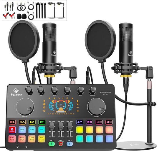Podcast Equipment Bundle for 2 with Dual XLR-3.5 Condenser Micophones with Mic Pop Filters Audio Equipment for Live Streaming/ Recording, Online Gaming for Phone/ Laptop/ PC Audio Interface M100