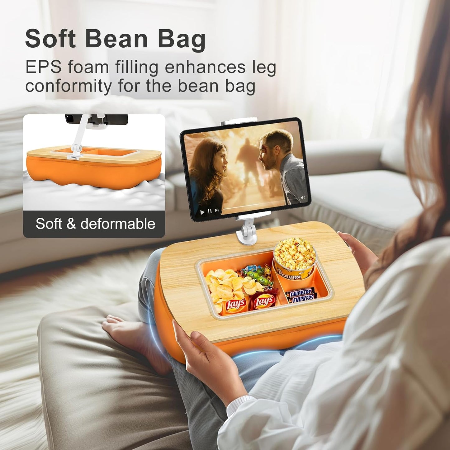 Lap Beanbag Tablet Pillow Stand with Snack Bowl and 360° Rotating Arm, Adjustable iPad Holder for Bed, Couch, and Recliner, Compatible with 4.7"-13" Kindle, iPad, Tablet, Phone,Orange