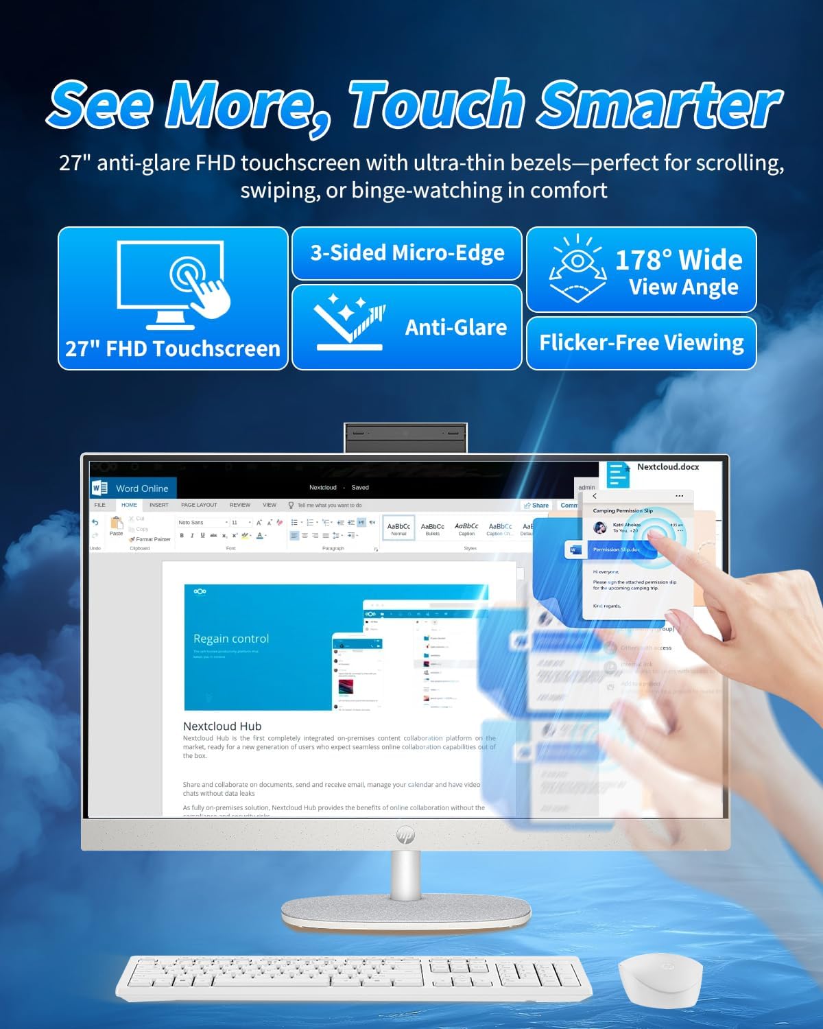 HP 27" All-in-One Desktop Computer - FHD Touchscreen | Intel Ultra 7‑155U | AI‑Enhanced Display, Facial Login | Privacy Pop‑Up Camera | Win 11 Pro, w/Accessories | 32GB DDR5 + 1TB SSD