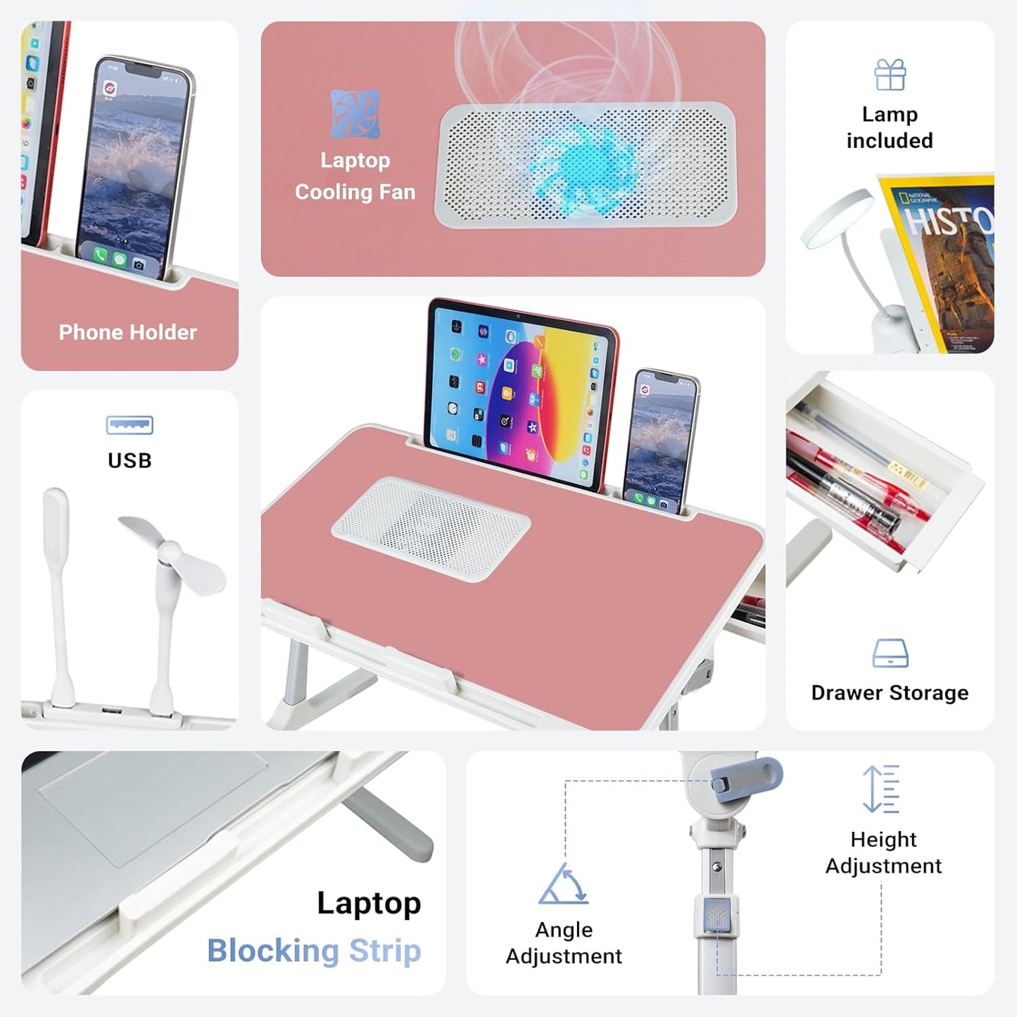 Laptop Lap Desk Include Cooling Fan,Adjustable Lap Desk with Light Fan,Folding Laptop Desk for Bed with USB,Bed Desk with Storage Drawer 60x40cm,Pink
