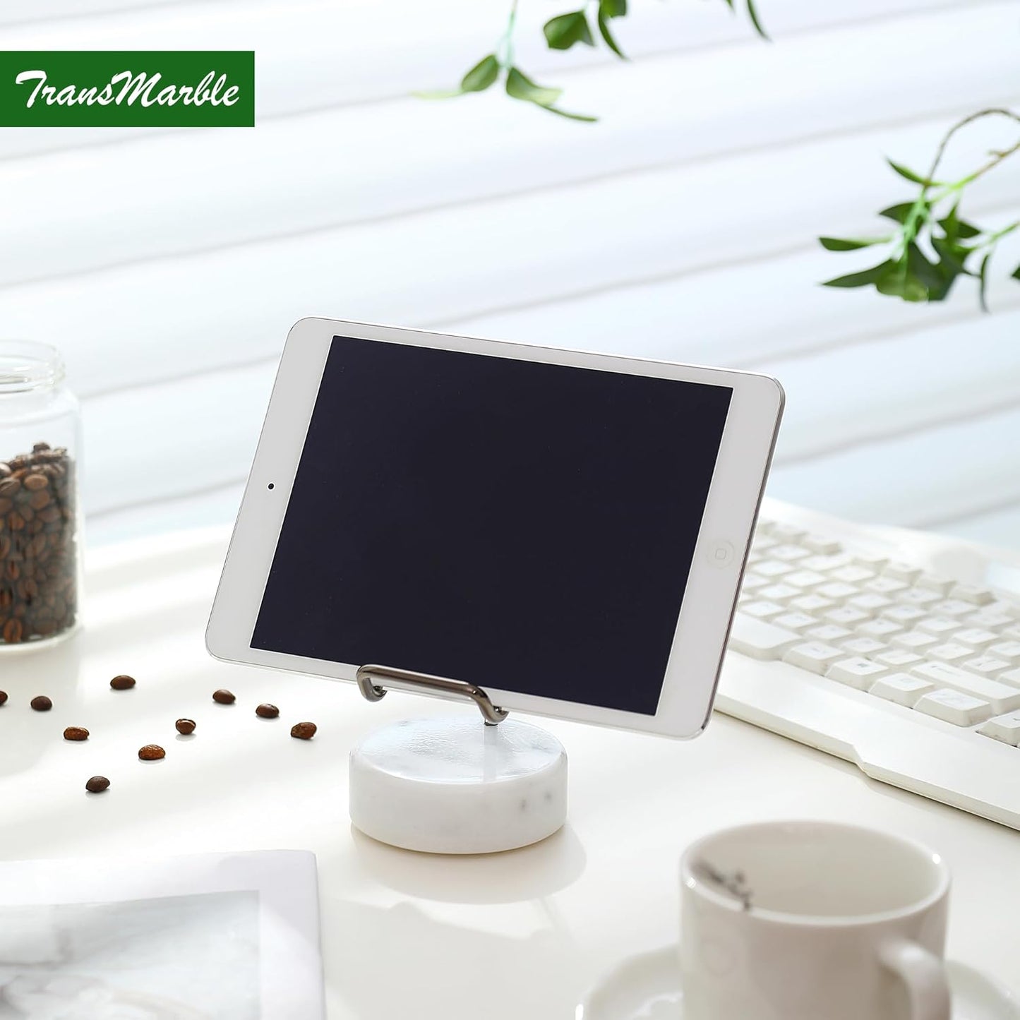 Marble Phone Stand with Metal Holder, Charging Available While Using, Swipe Up to Unlock, Made of Natural Marble as Business Card Holder for Office Desk (Starry White + Black)