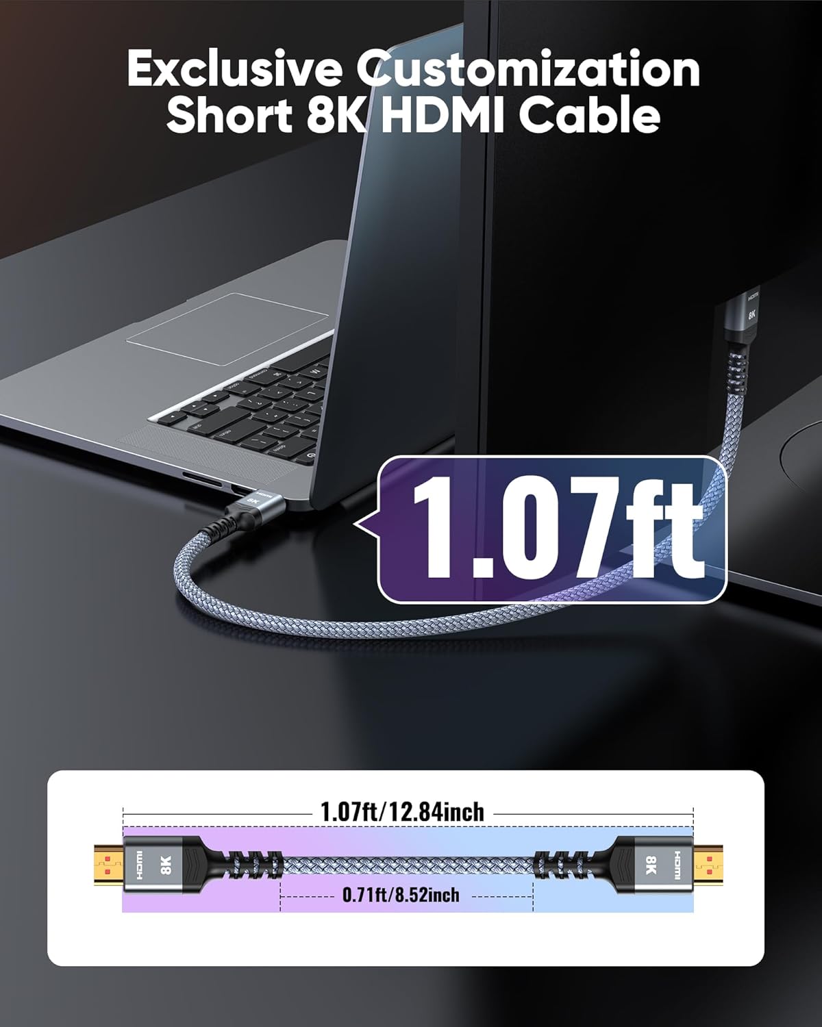 Highwings Extra Short 8K HDMI Cable 1.07ft Total Length, 0.71ft Cable Length, Ultra High Speed HDMI Braided Cord-4K@120Hz, 8K@60Hz,eARC, Compatible for PS5,Monitor,PC and More