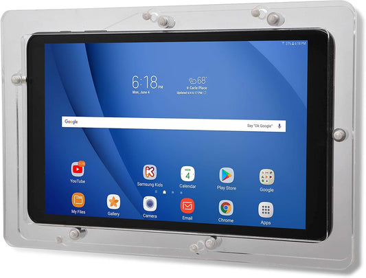 TABcare Anti-Theft Acrylic VESA Enclosure for Galaxy TAB A E S 8" 8.4" Tablet with Free Wall Mount Kit & 90-Degree Angle Charge Cable (TAB A 8.0 2018 SM-T387, Clear)