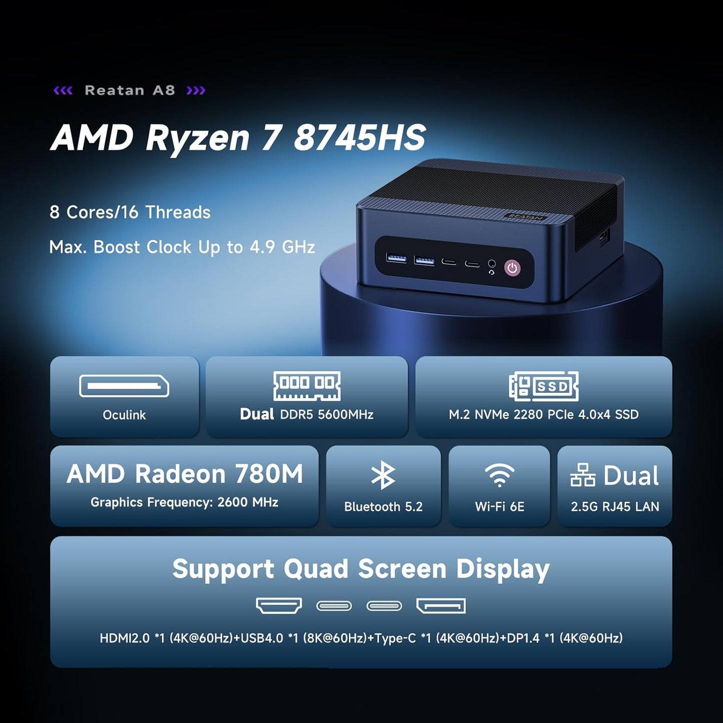Reatan A8 Mini PC AMD Ryzen 7 8745H 32GB RAM DDR5 1TB SSD (3 Year After-Sale Support) 8C/16T，up to 8K Quad-Screen Displays, WiFi 6E, OCuLink Mini Computers for Gaming Home Theater Office Business