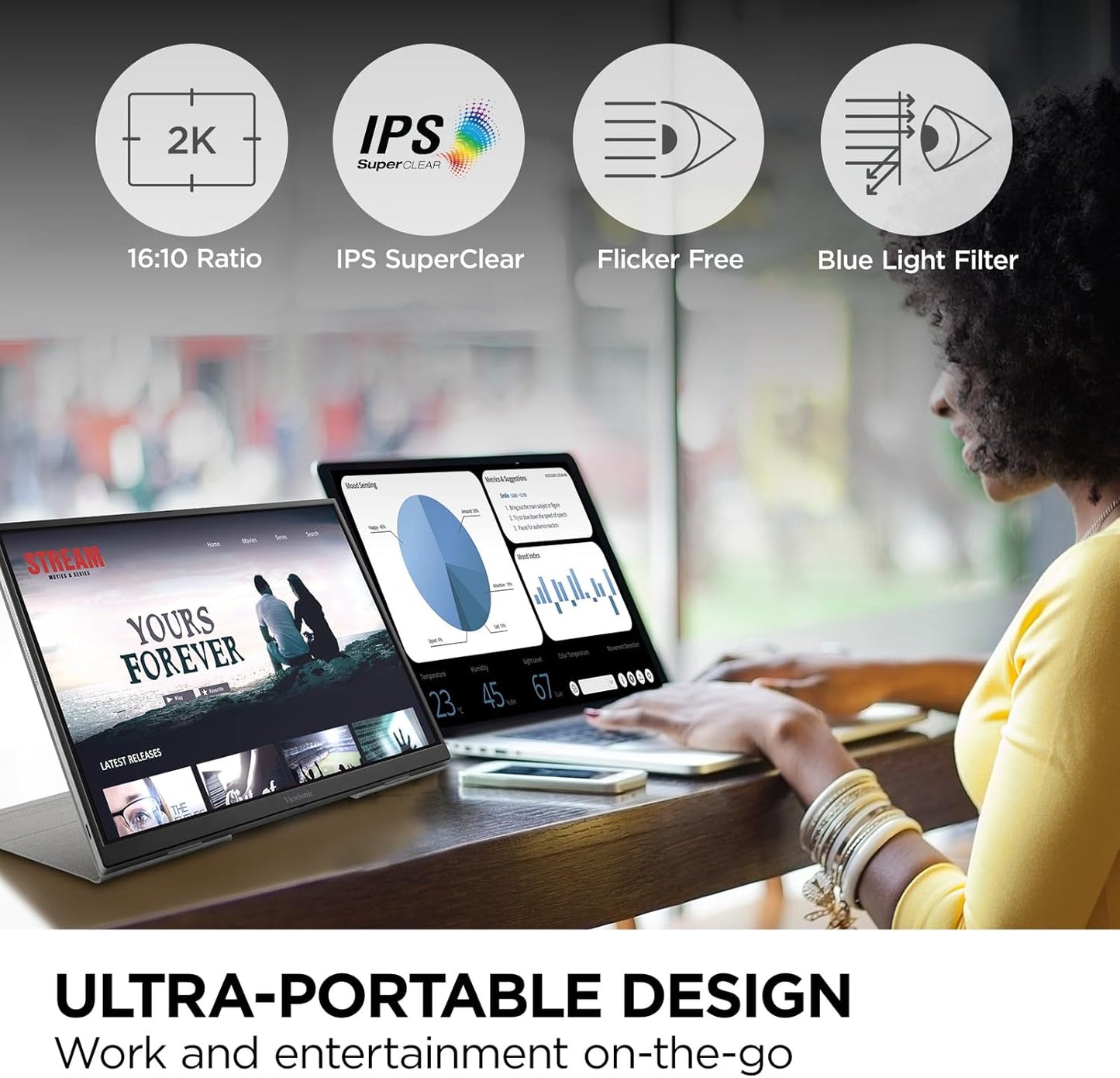 ViewSonic TD1656-2K 16 Inch WQXGA 1600p IPS Touchscreen Portable Monitor with 2 Way Powered 65W USB C, and Smart Cover with Built-in Stand