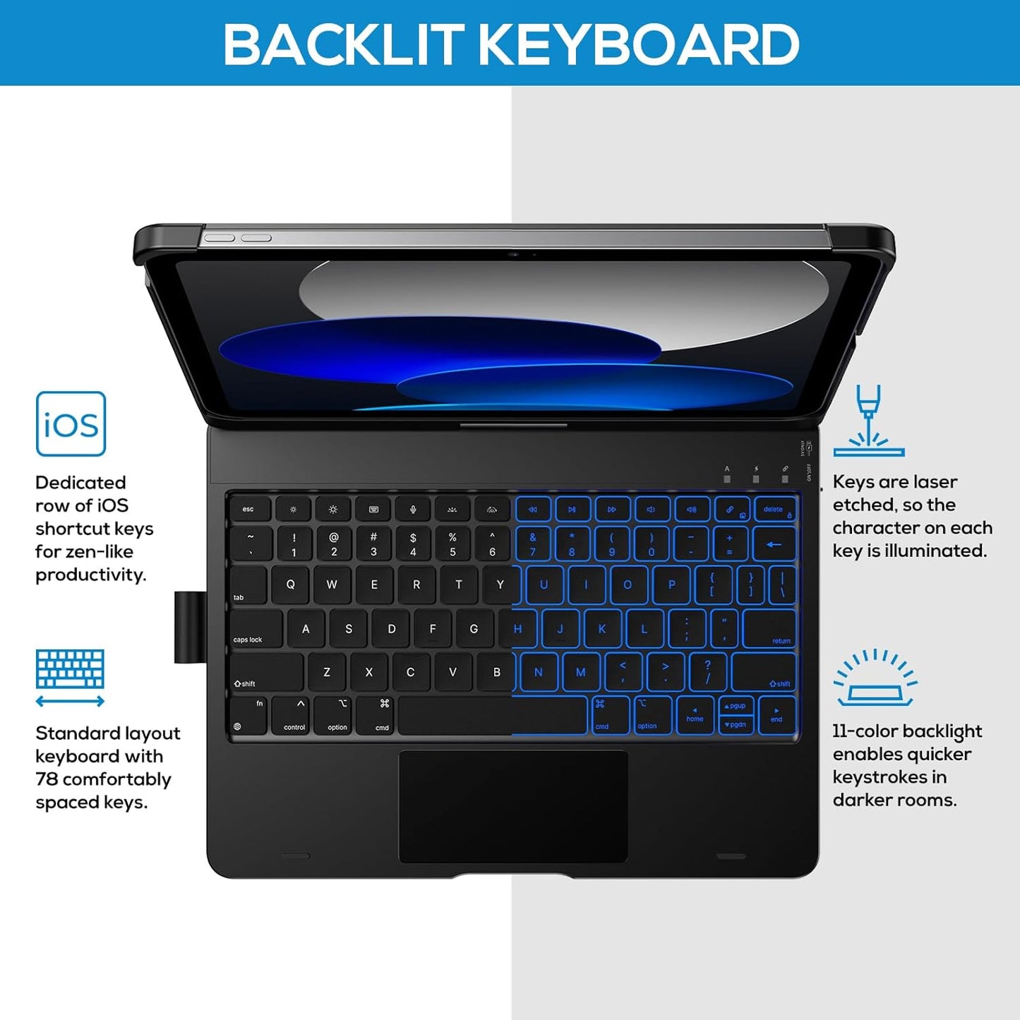 typecase Touch iPad 10th Generation Case with Keyboard (10.9", 2022) and iPad A16 (11th Gen, 2025) – 360° Rotatable, 11-Color Backlit, Multi-Touch Trackpad, Thin & Light (Black)